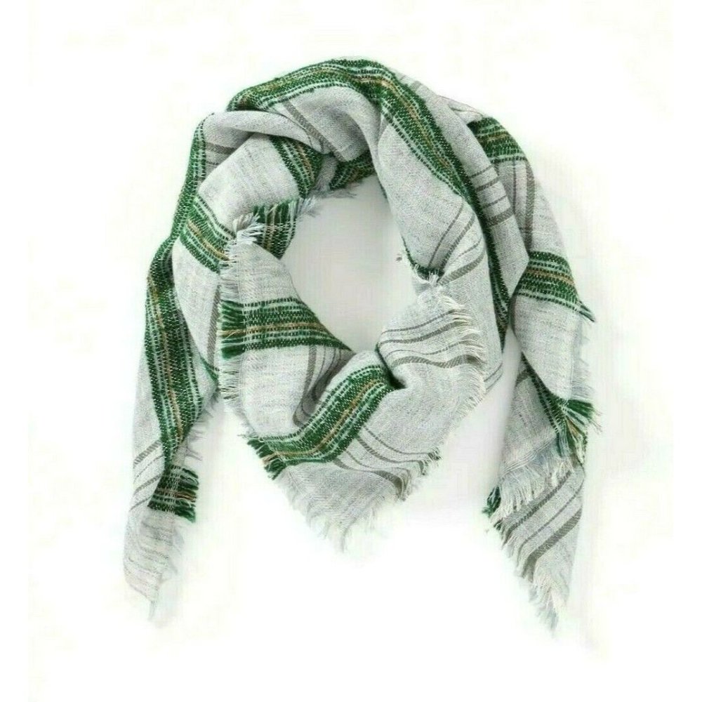 J Jill Square Scarf Green Gray Off White Plaid Stripe Pattern NEW Fringe 40x40